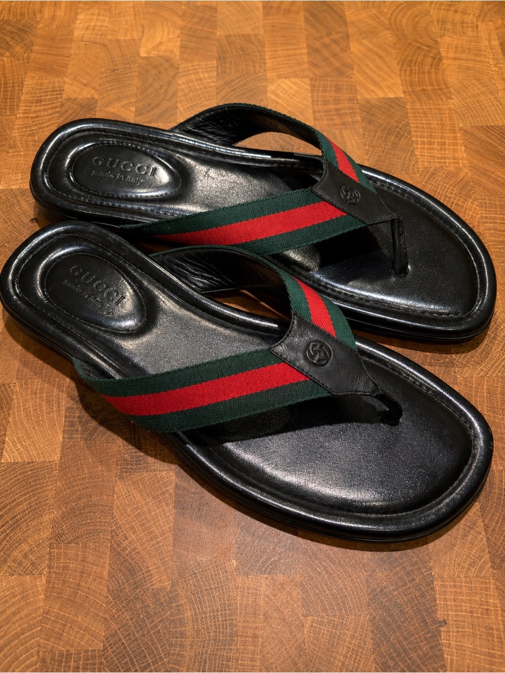 Gucci Men’s Web Stripe Leather Flip Sandals Black/Green/Red Size 11 - Picture 3 of 5